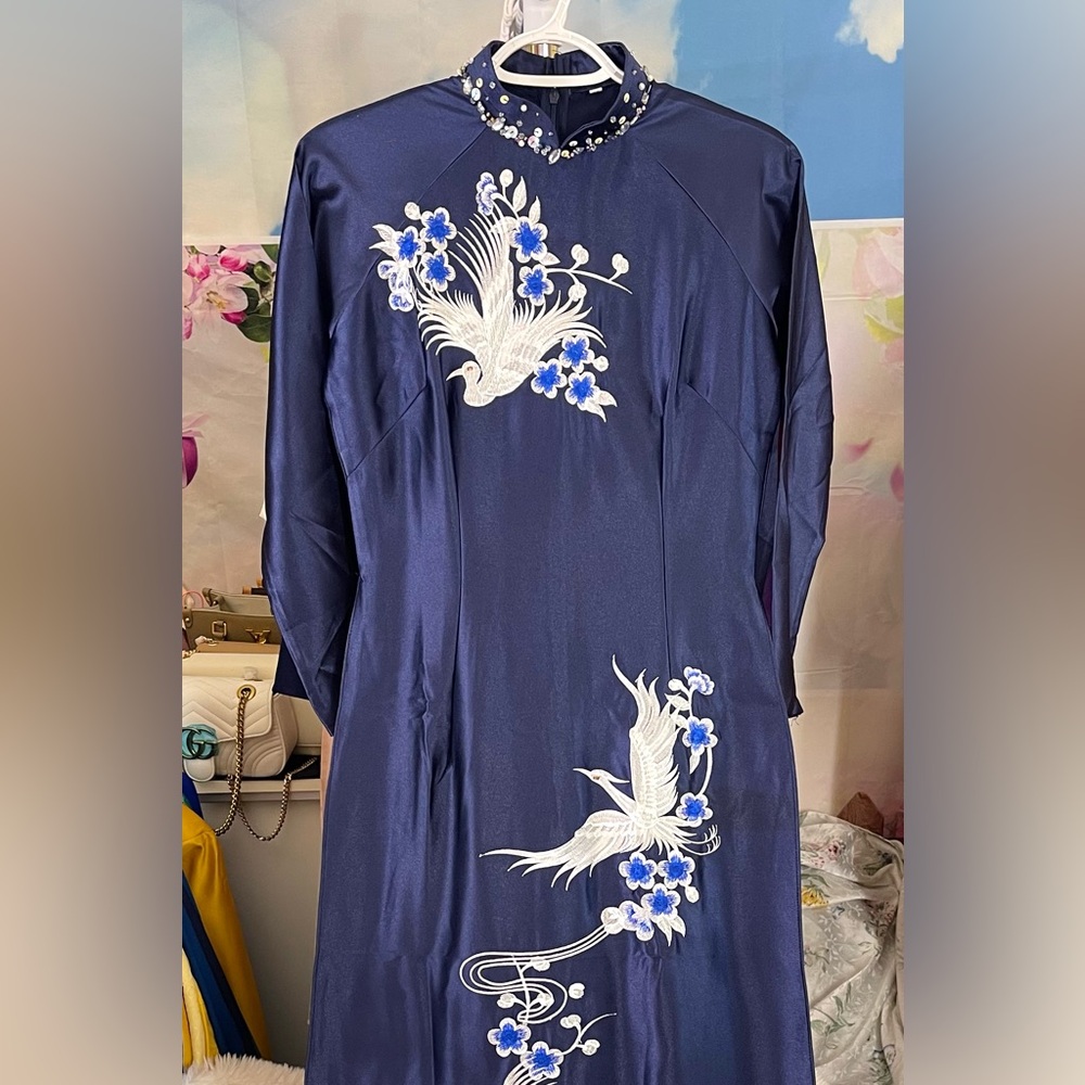 Ao dai lua Valentino, Vietnamese traditional long dress set m medium 2 new 🎁